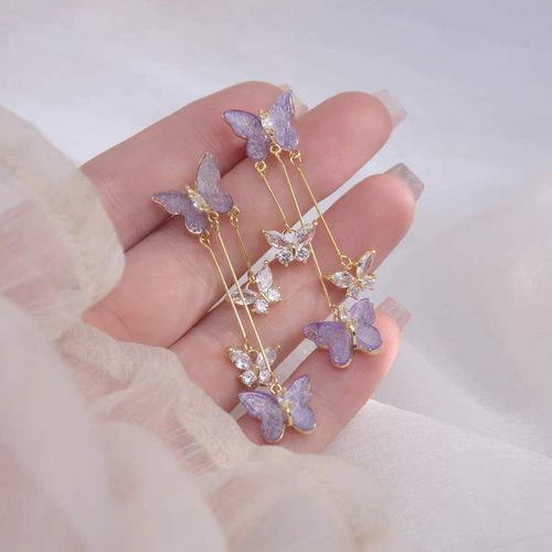JOYFFO Purple Butterfly Earrings Women Sparkling Crystal Tassel Design Fashion Singer Fans Costume Outfits Great Jewelry Gift