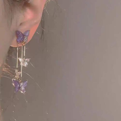 JOYFFO Purple Butterfly Earrings Women Sparkling Crystal Tassel Design Fashion Singer Fans Costume Outfits Great Jewelry Gift