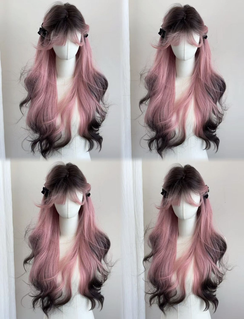 Yuanyang Pink Edition Siamese Cat Wig Female Long Hair Pink Gradient Black High-Level Simulation Human Long Curly Hair Full Head Set