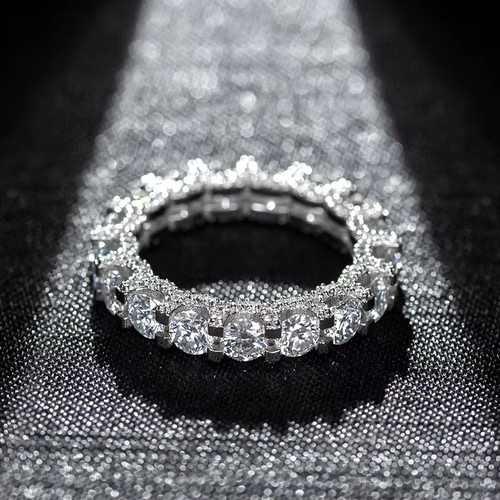 Hot Sale KIBO Gems Round Cut Pave Setting 925 Sterling Silver Moissanite Engagement Wedding Eternity Band Rings