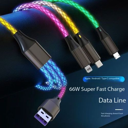 A 1-meter-long 3-in-1 multi-port, colorful and luminous super fast charging data cable