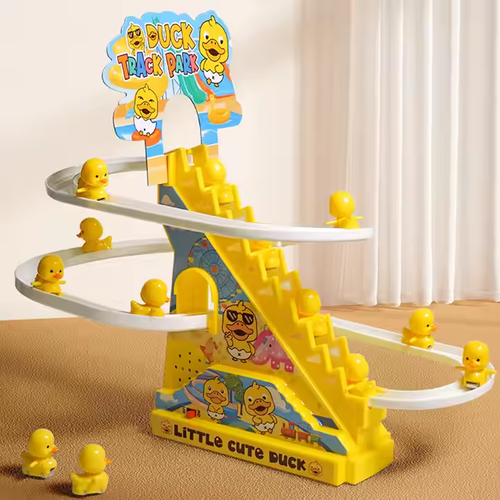 The electric duckling climbs the stairs