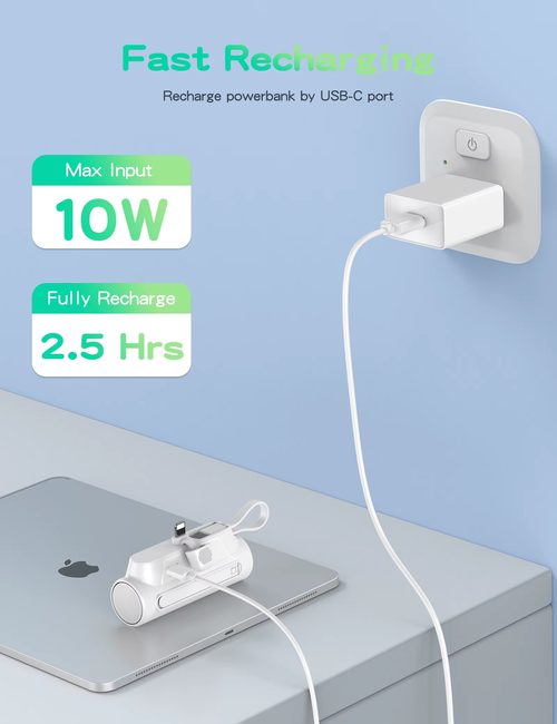 Compact 5000mAh Fast-charging Power Bank Featuring Dual Connectors (iphone and Android) And Compatibility With All Mobile Phone Models.