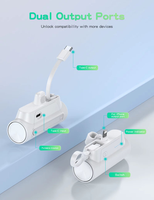 Compact 5000mAh Fast-charging Power Bank Featuring Dual Connectors (iphone and Android) And Compatibility With All Mobile Phone Models.