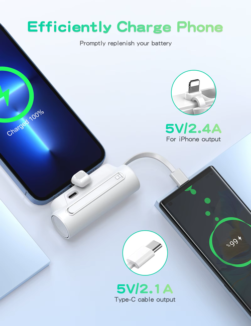 Compact 5000mAh Fast-charging Power Bank Featuring Dual Connectors (iphone and Android) And Compatibility With All Mobile Phone Models.