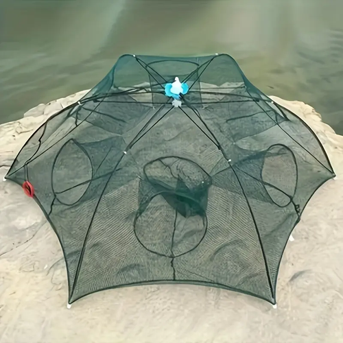 Hexagonal Fish Trap with 6-Hole Design - Durable Nylon Mesh for Shrimp, Crabs, and Fish | Green Hexagon Pattern with Blue Handle | Portable Outdoor Fishing Gear | Functional Fishing Equipment, Fish Traps for Fishing