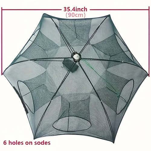 Hexagonal Fish Trap with 6-Hole Design - Durable Nylon Mesh for Shrimp, Crabs, and Fish | Green Hexagon Pattern with Blue Handle | Portable Outdoor Fishing Gear | Functional Fishing Equipment, Fish Traps for Fishing
