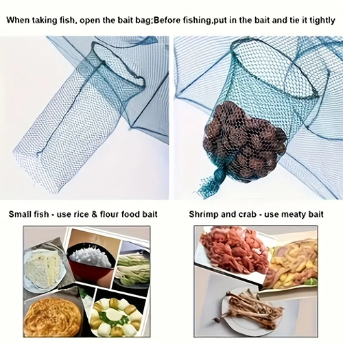 Hexagonal Fish Trap with 6-Hole Design - Durable Nylon Mesh for Shrimp, Crabs, and Fish | Green Hexagon Pattern with Blue Handle | Portable Outdoor Fishing Gear | Functional Fishing Equipment, Fish Traps for Fishing