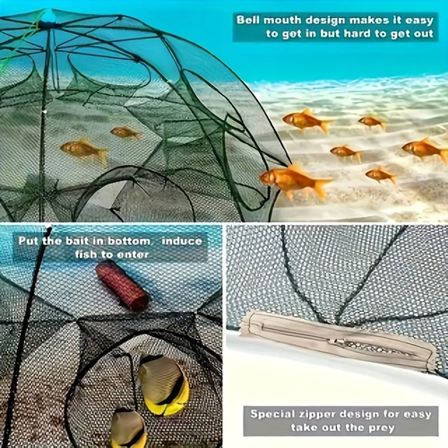 Hexagonal Fish Trap with 6-Hole Design - Durable Nylon Mesh for Shrimp, Crabs, and Fish | Green Hexagon Pattern with Blue Handle | Portable Outdoor Fishing Gear | Functional Fishing Equipment, Fish Traps for Fishing