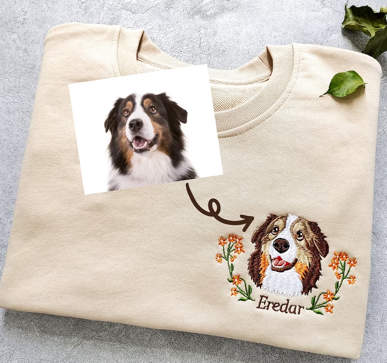 Custom Pet Portrait Embroidered Hoodie – Personalized Dog Face and Name Sweatshirt