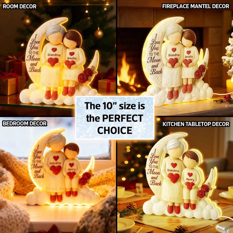 Acrylic Light Box - Crescent Moon with Child Holding Hearts, 'To the Moon and Back' Glow, Unique Gift for Grandma