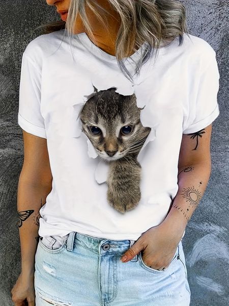 Women's Cat T-Shirt,Cute Cat Print T-Shirt