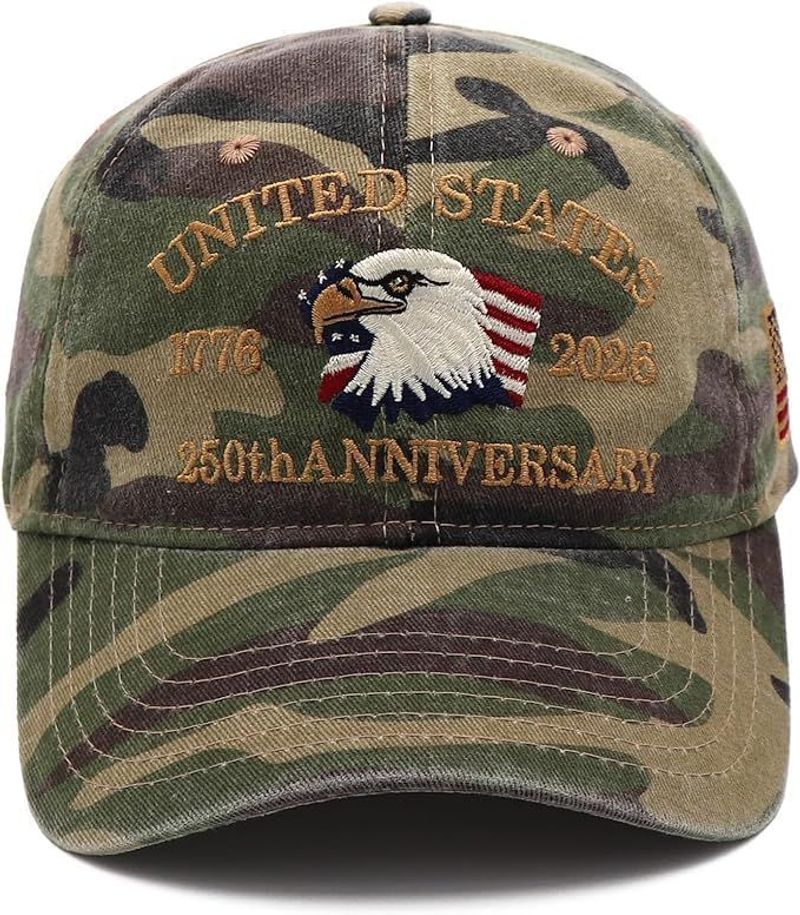 USA 250th Anniversary Hat, Adjustable 250th Anniversary Printed Patriotic Baseball Caps, Tribute Retro Washed Hat