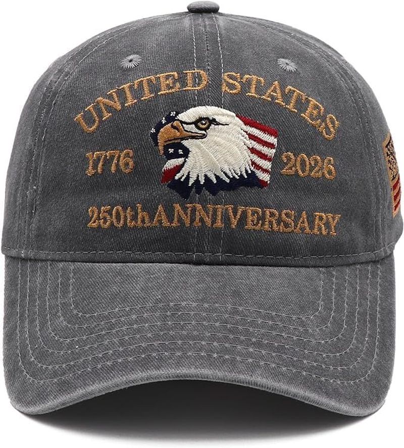 USA 250th Anniversary Hat, Adjustable 250th Anniversary Printed Patriotic Baseball Caps, Tribute Retro Washed Hat