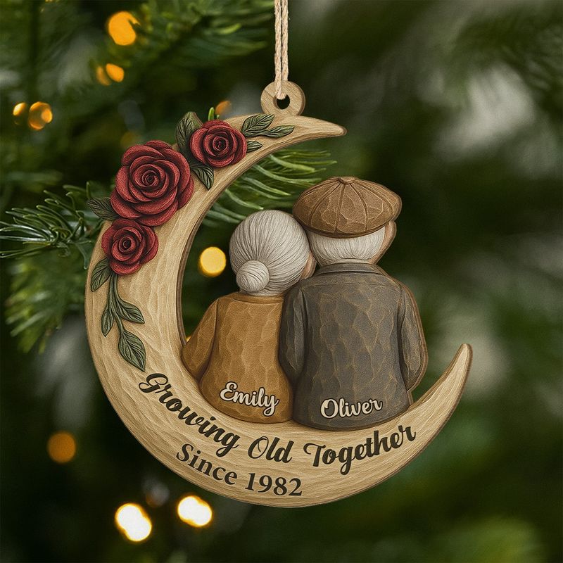 Ornament - Crescent Moon Wood with Elderly Couple & Roses, Romantic Tree Decor, unique gift for Grandparents and Couples