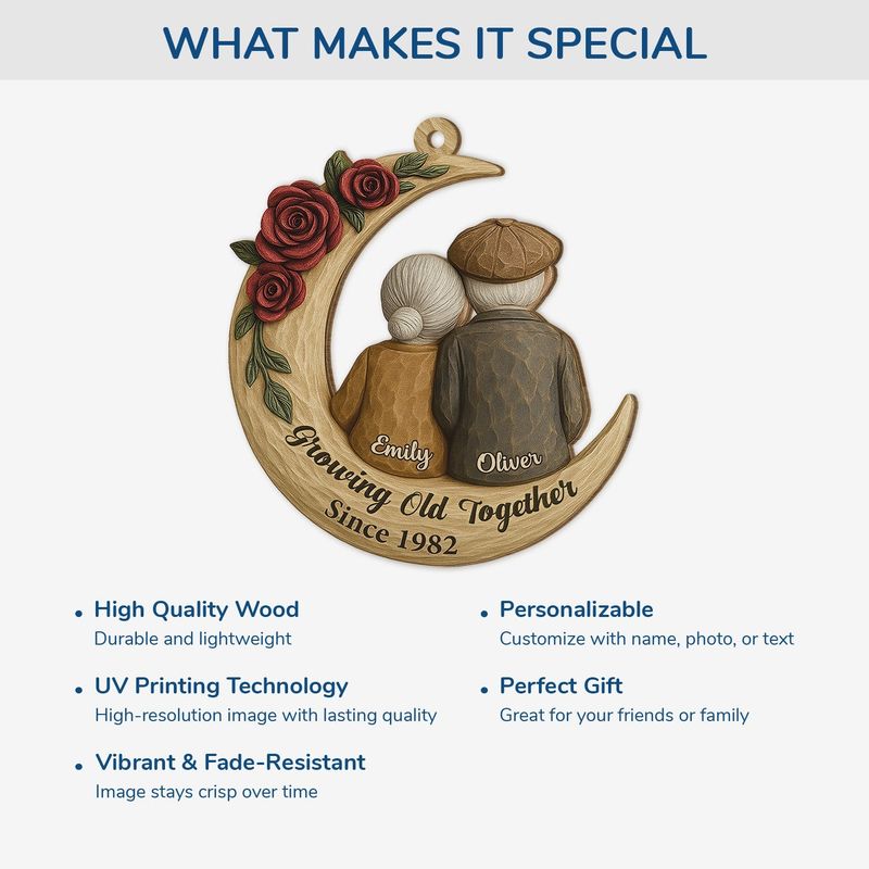 Ornament - Crescent Moon Wood with Elderly Couple & Roses, Romantic Tree Decor, unique gift for Grandparents and Couples