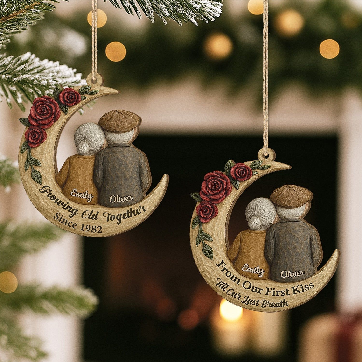 Ornament - Crescent Moon Wood with Elderly Couple & Roses, Romantic Tree Decor, unique gift for Grandparents and Couples