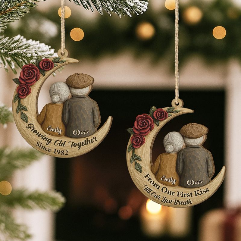 Ornament - Crescent Moon Wood with Elderly Couple & Roses, Romantic Tree Decor, unique gift for Grandparents and Couples
