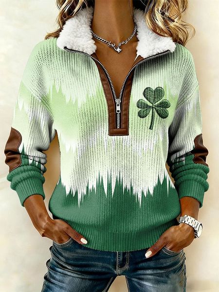 Women's Casual Retro Print Patchwork Fur Collar Long-Sleeve Sweatshirt