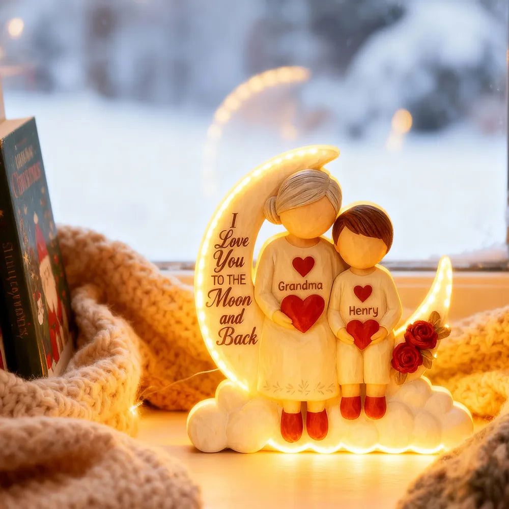 Acrylic Light Box - Crescent Moon with Child Holding Hearts, 'To the Moon and Back' Glow, Unique Gift for Grandma