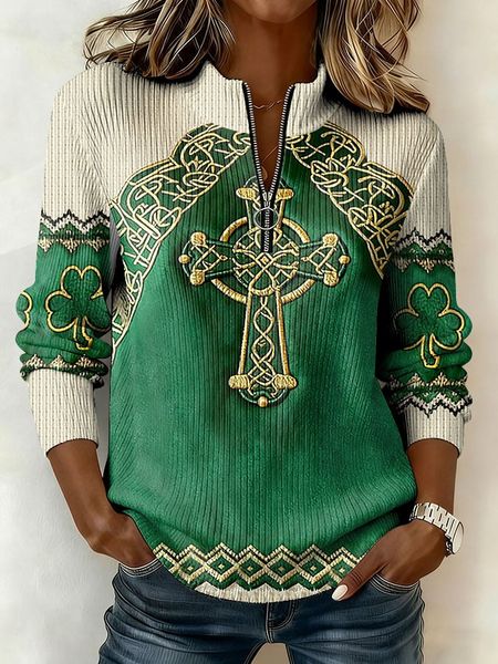 Women's Casual Printed 1/4 Zipper Long-Sleeve Knit Top