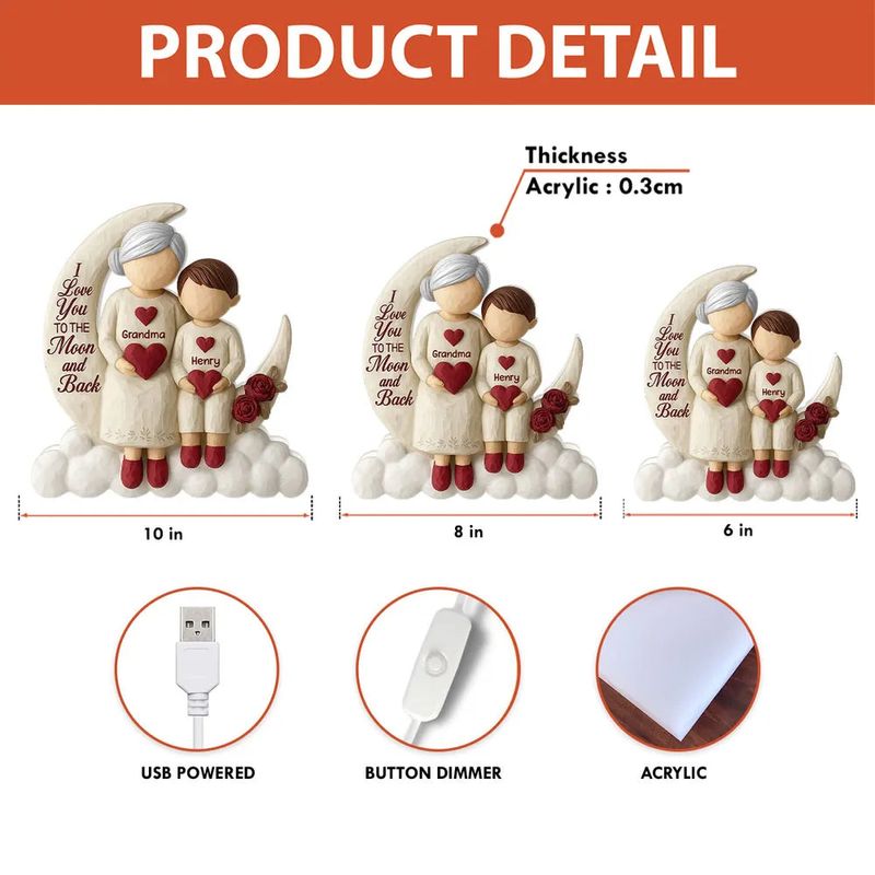 Acrylic Light Box - Crescent Moon with Child Holding Hearts, 'To the Moon and Back' Glow, Unique Gift for Grandma