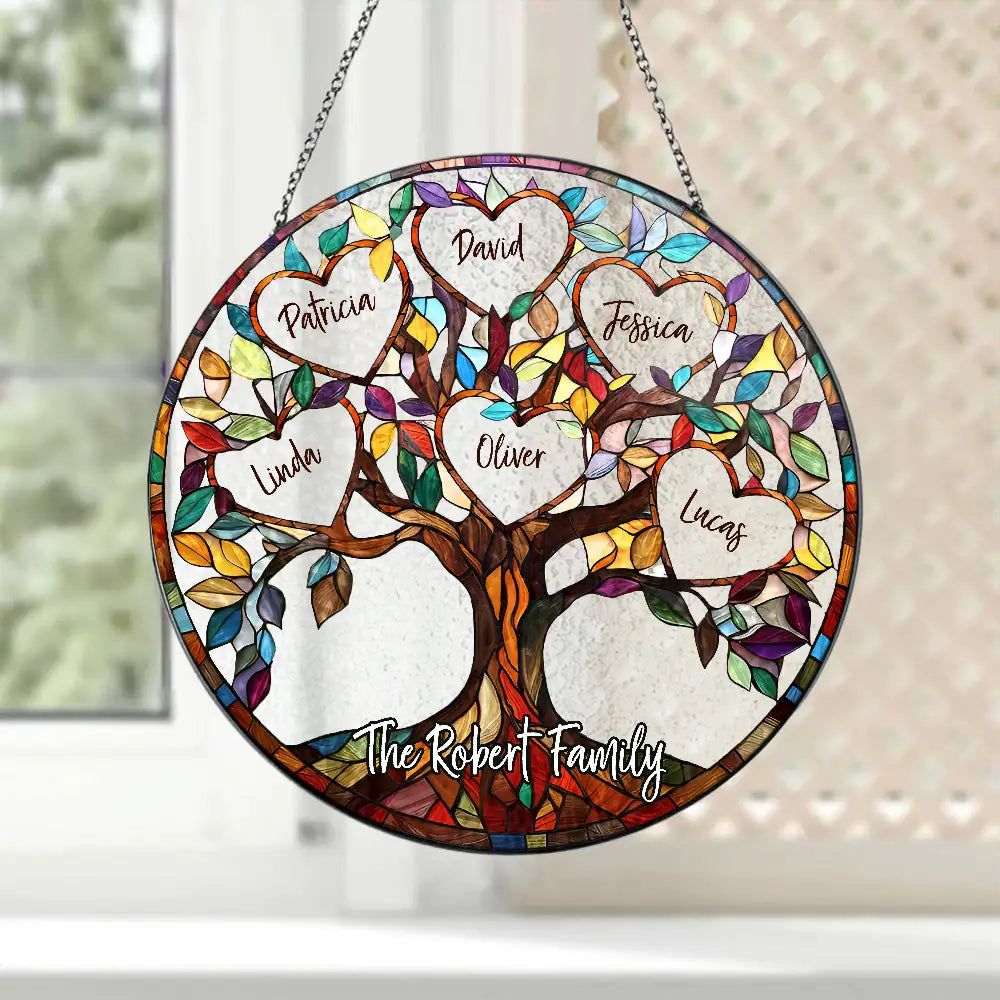 Personalized Family Tree Suncatcher Ornament – Custom Names on Stained Glass Look – Heartwarming Gift for Parents or Grandparents