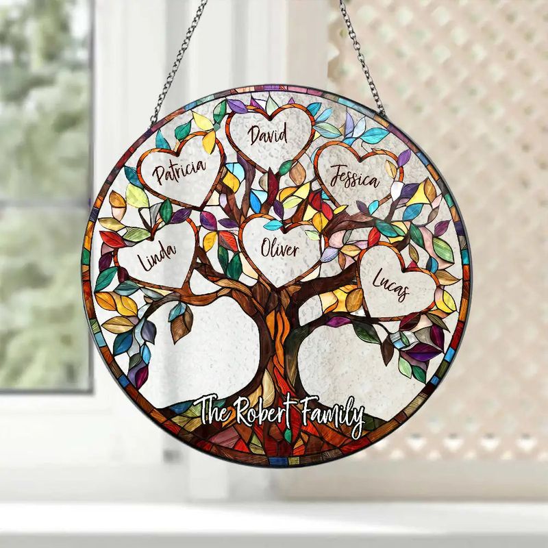 Personalized Family Tree Suncatcher Ornament – Custom Names on Stained Glass Look – Heartwarming Gift for Parents or Grandparents