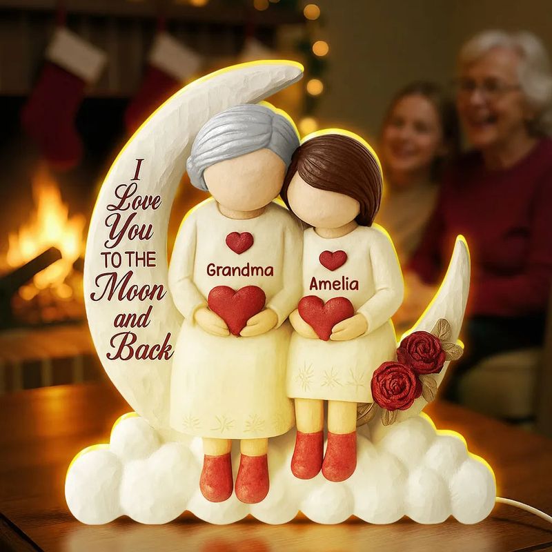 Acrylic Light Box - Crescent Moon with Child Holding Hearts, 'To the Moon and Back' Glow, Unique Gift for Grandma