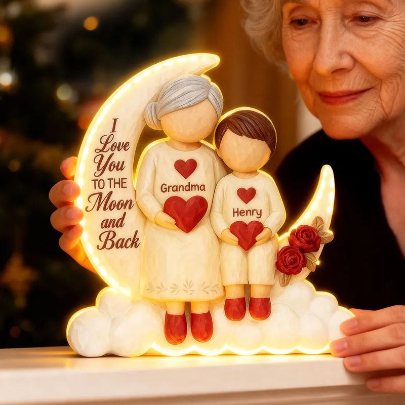 Acrylic Light Box - Crescent Moon with Child Holding Hearts, 'To the Moon and Back' Glow, Unique Gift for Grandma