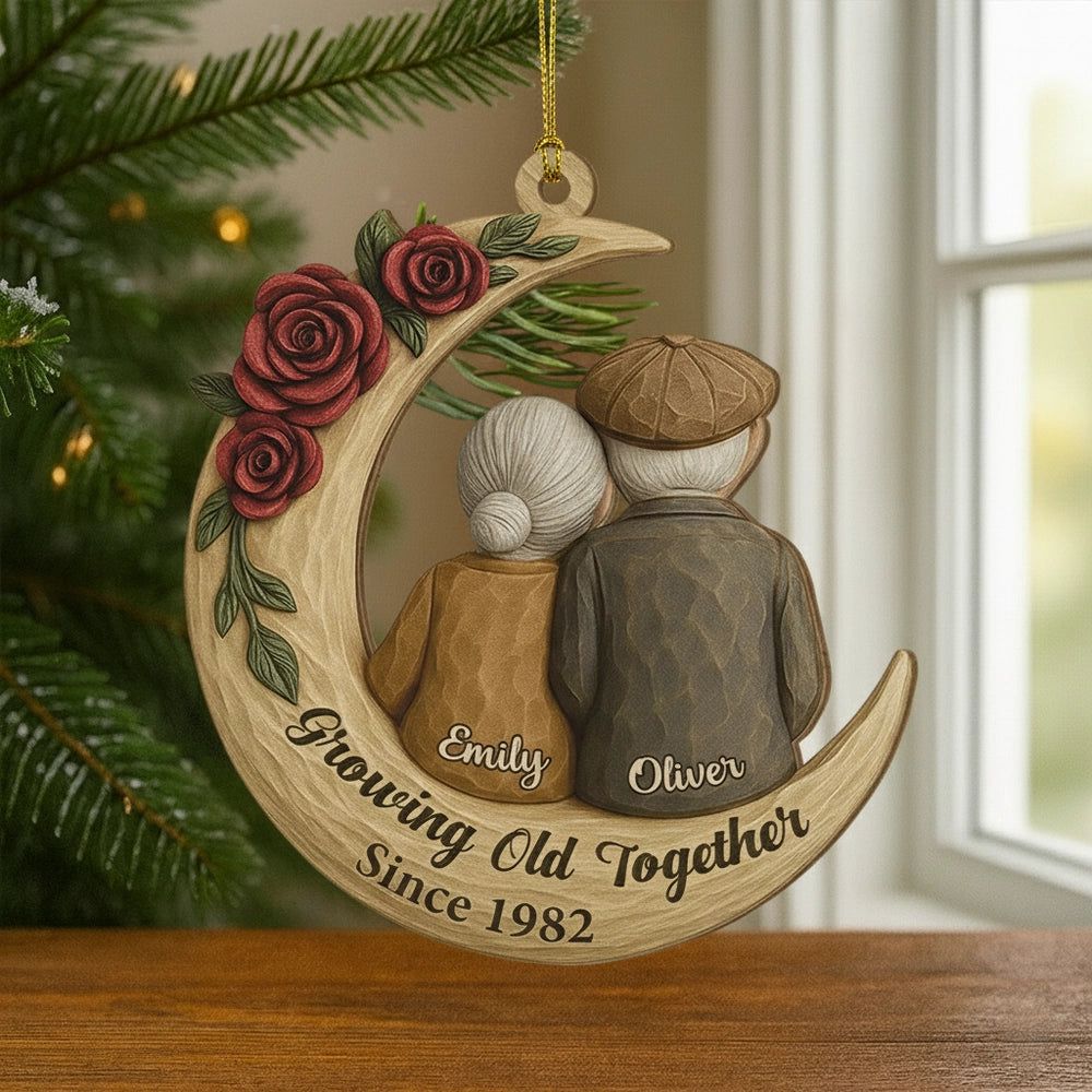 Ornament - Crescent Moon Wood with Elderly Couple & Roses, Romantic Tree Decor, unique gift for Grandparents and Couples