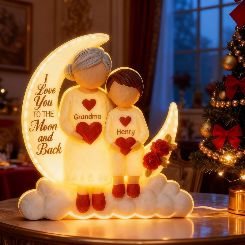 Acrylic Light Box - Crescent Moon with Child Holding Hearts, 'To the Moon and Back' Glow, Unique Gift for Grandma