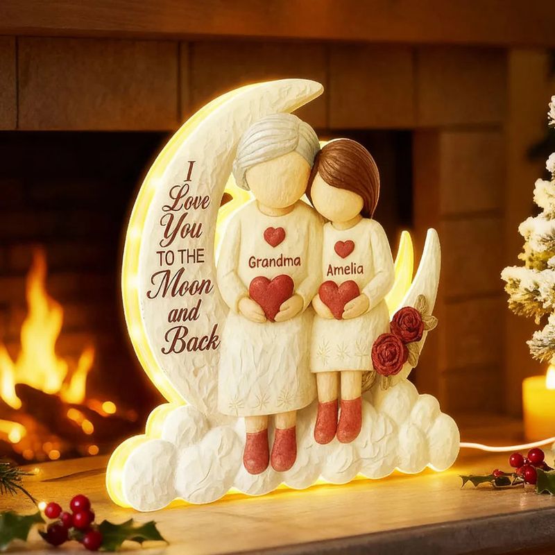 Acrylic Light Box - Crescent Moon with Child Holding Hearts, 'To the Moon and Back' Glow, Unique Gift for Grandma