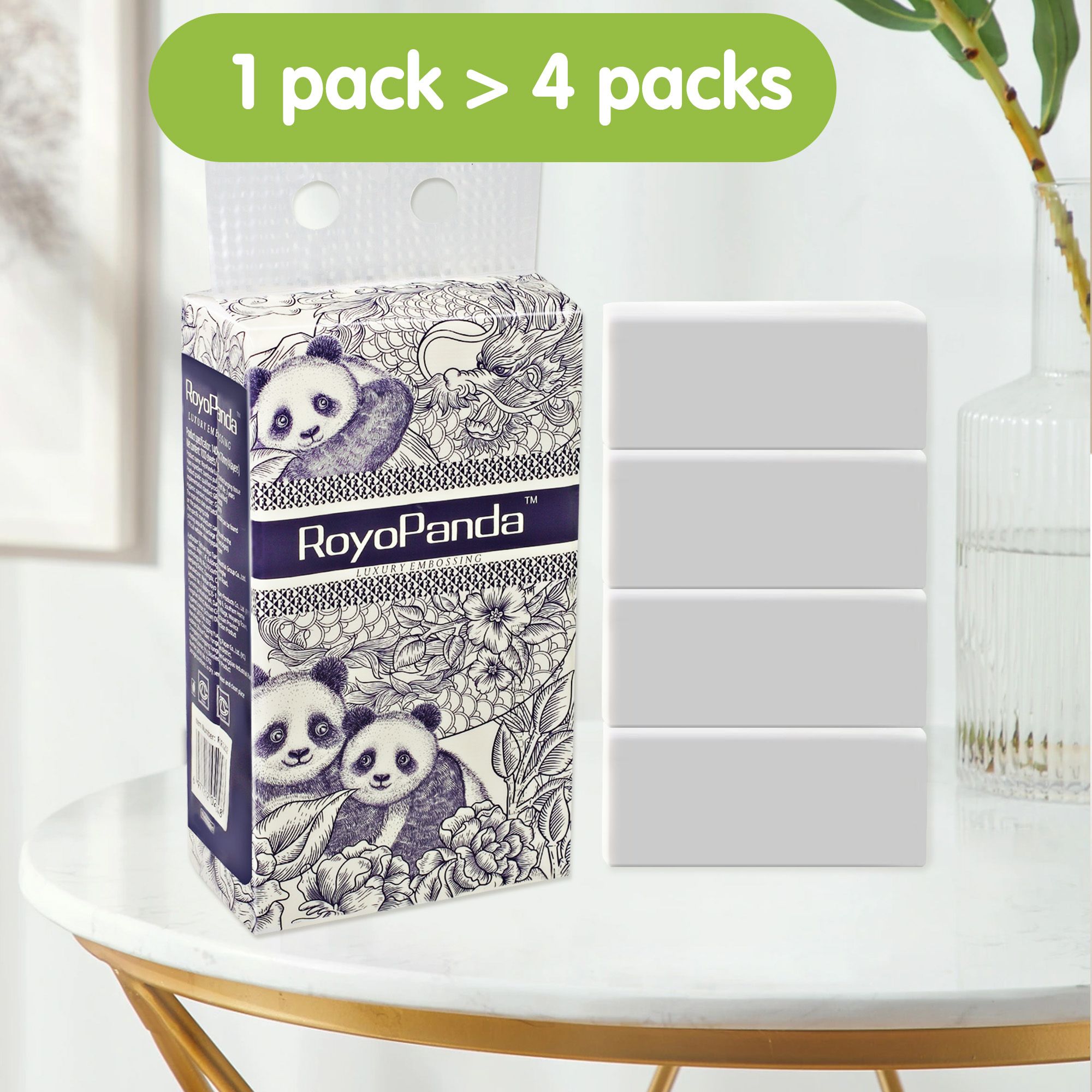 RoyoPanda,Suspended Facial Tissue 4-Ply 1250 sheet, 5 Packs, Unscented, Soft & Strong, PFAS & BPA Free Eco-Friendly, Sustainable Hanging Type Toilet Paper - Plastic Free, Free Hooks