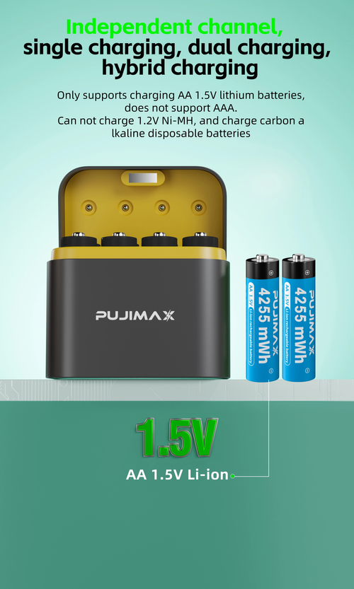 PUJIMAX 8pcs 1.5v AA Rechargeable Batteries Cylinder Li-ion Batteries and Intelligent Charger with LED Charging Indicator