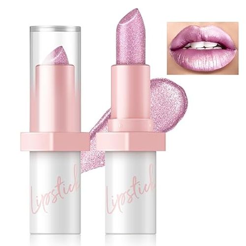 Metallic Pink Frost Glitter Lipstick for Women, Long Lasting High Shine Diamond Creamy Nude Light Pink Lipstick Transfer Proof,Shimmer High Impact Full Coverage Non Stick Cup Lip Makeup