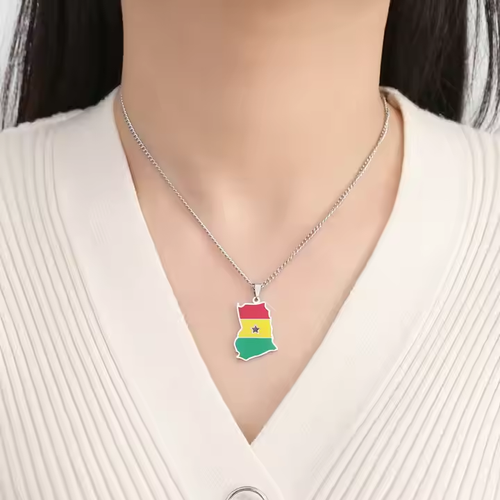 Ghana Map Chain Necklaces Stainless Steel 18K Gold Plated Enamel Ghana National Flag Map Pendant Necklace