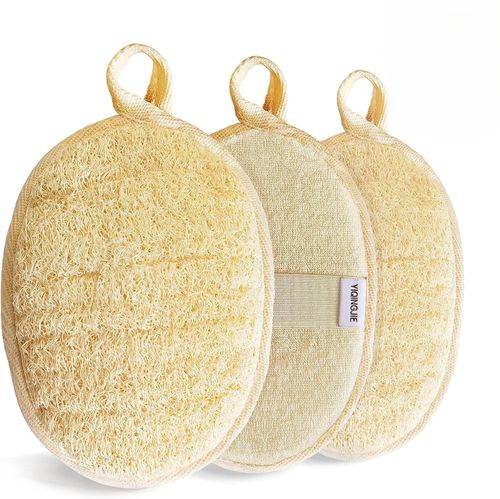 Natural Loofah Sponge Exfoliating Body Scrubber (3 Pack),Made with Eco-Friendly and Biodegradable Shower Luffa Sponge, Loofah for Women and Men, Beige