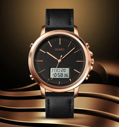 SKMEI 1652 MEN DUAL TIME WATCH TRUE LEATHER STRAP FASHION WATERPROOF DIGITAL WATCH