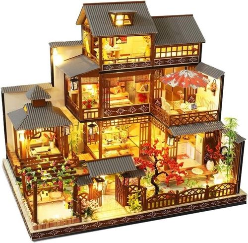 Wooden Japanese-Style Villa DIY Miniature DollHouse kit with LED Light House