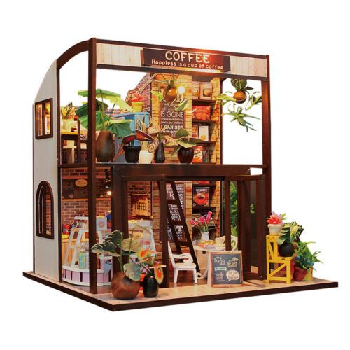 Dollhouse DIY Miniature Kit Mini 3D Wooden House Set Coffee House Shop Cafe