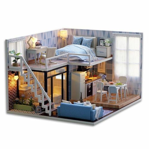 Wooden Furniture Doll House Miniature Dollhouse Diorama Kit with LED Toys