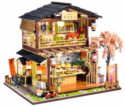 Wooden DIY Miniature Sushi House Model Kit 3d Puzzle With LED Lights Best Gift