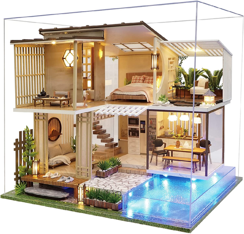Spilay DIY Dollhouse Miniature Wooden Furniture Kit,Handmade Craft Mini Villa Mo