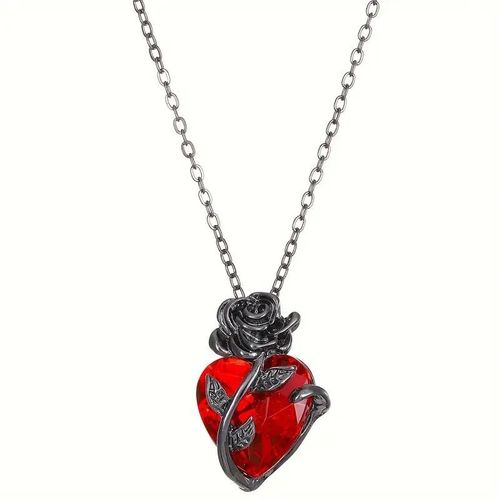 Vintage Black Gunmetal Rose Wrapped Red Heart Crystal Pendant Necklace | Gothic Choker for Women