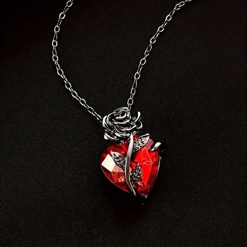 Vintage Black Gunmetal Rose Wrapped Red Heart Crystal Pendant Necklace | Gothic Choker for Women