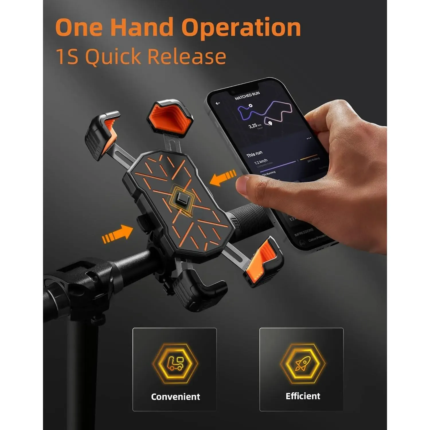 Black Bike Phone Mount, One-Hand Operation 1S Quick Release, Four-Corner Shockproof Phone Holder for Bicycle,Ebike,Motorcycle