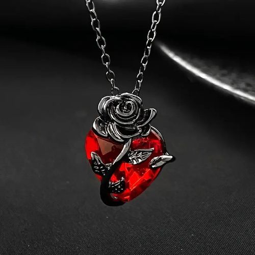 Vintage Black Gunmetal Rose Wrapped Red Heart Crystal Pendant Necklace | Gothic Choker for Women