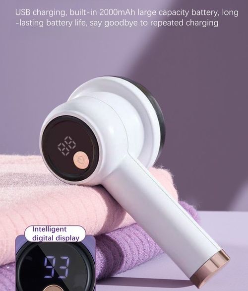 Powerful Electric Lint Remover, 6-Blade Stainless Steel, 3-Speed Adjustment, LED Digital Display, USB Rechargeable Clothes Defuzzer (White)