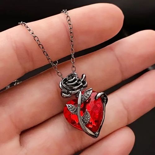 Vintage Black Gunmetal Rose Wrapped Red Heart Crystal Pendant Necklace | Gothic Choker for Women